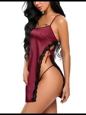 Satin Side-Slit Chemise with Lace Trim - Burgundy